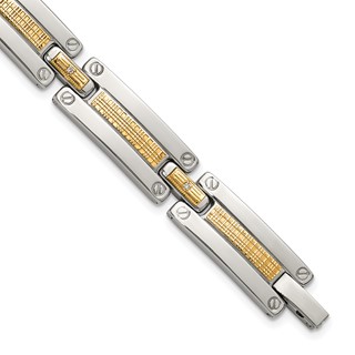 Chisel Stainless Steel Polished with 14K Accent Basket Weave and 1/15ct. Diamond 8.5 inch Bracelet
