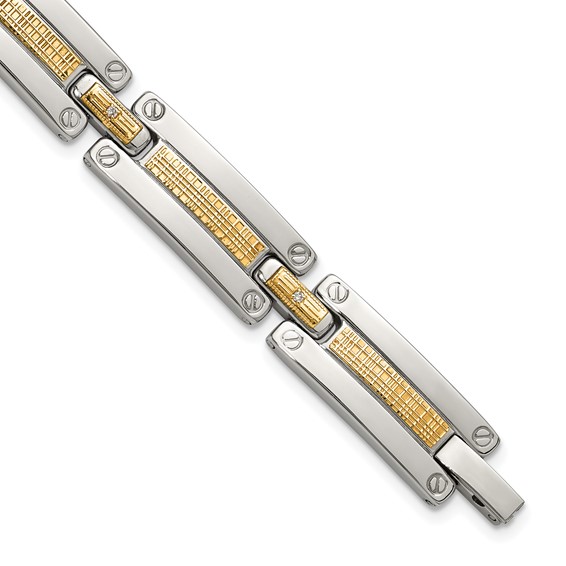 Chisel Stainless Steel Polished with 14K Accent Basket Weave and 1/15ct. Diamond 8.5 inch Bracelet