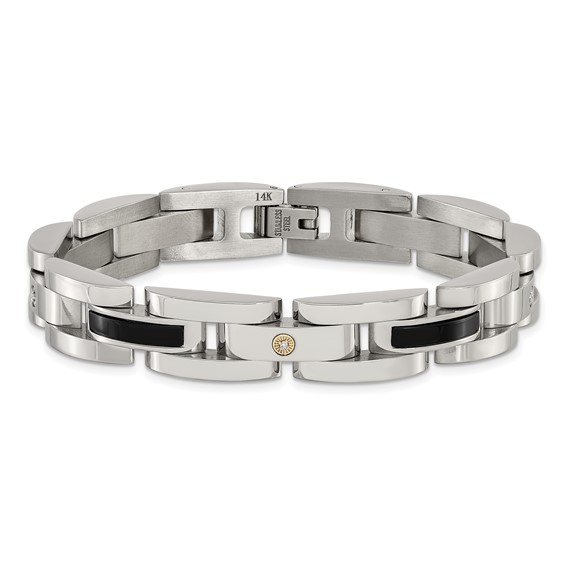 Chisel Stainless Steel Polished with .03ct Diamond and Onyx 8.25 inch Link Bracelet