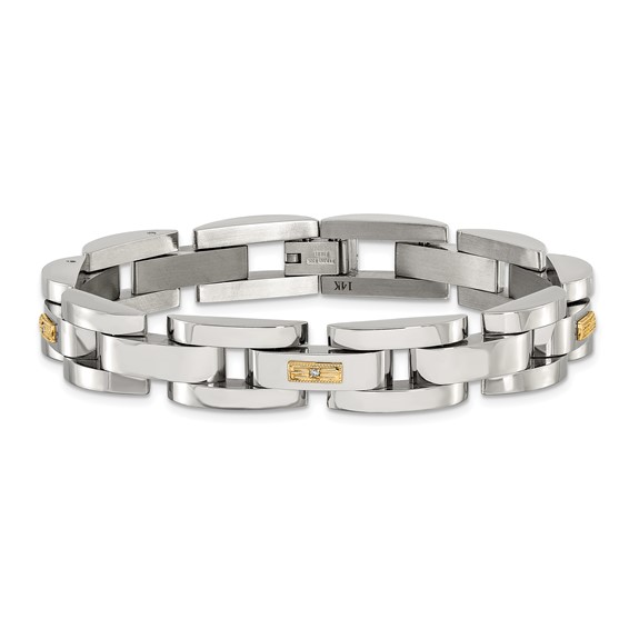 Chisel Stainless Steel Polished with 14K Gold Accent and 1/20ct. Diamond 8.25 inch Link Bracelet