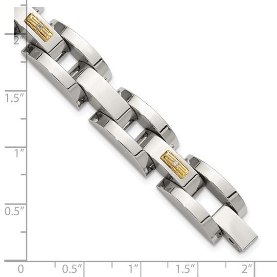 Chisel Stainless Steel Polished with 14K Gold Accent and 1/20ct. Diamond 8.25 inch Link Bracelet