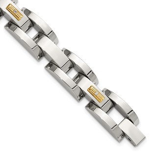 Chisel Stainless Steel Polished with 14K Gold Accent and 1/20ct. Diamond 8.25 inch Link Bracelet