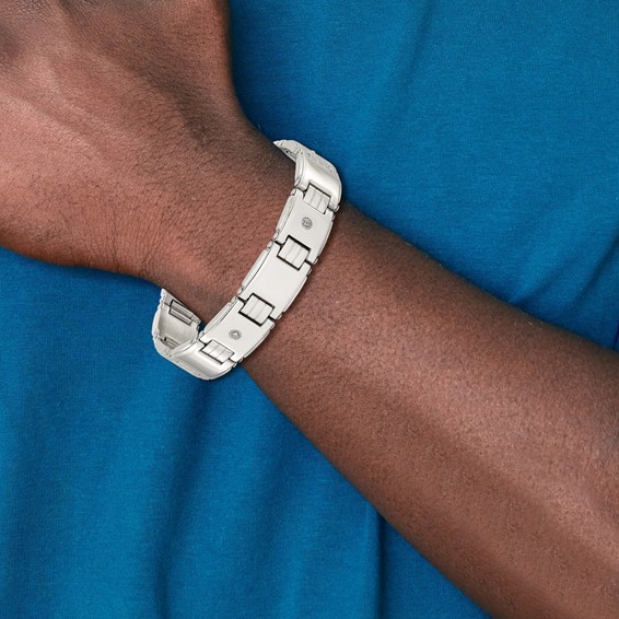 Chisel Stainless Steel Polished with 14K White Accent and .03ct Diamond 8 inch Link Bracelet