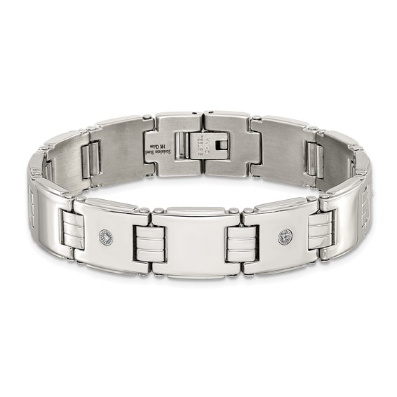 Chisel Stainless Steel Polished with 14K White Accent and .03ct Diamond 8 inch Link Bracelet