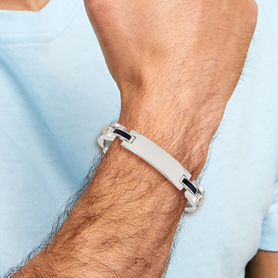 Chisel Stainless Steel Polished with 14K Gold Accent and Onyx 8.75 inch ID Link Bracelet