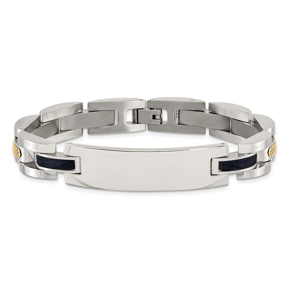 Chisel Stainless Steel Polished with 14K Gold Accent and Onyx 8.75 inch ID Link Bracelet