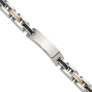 Chisel Stainless Steel Polished with 14K Gold Accent and Onyx 8.75 inch ID Link Bracelet