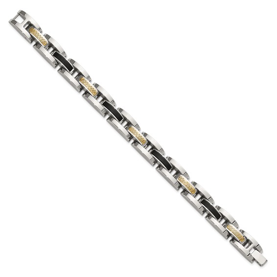 Chisel Stainless Steel Polished with 14K Gold Accent and Onyx 8.25 inch Link Bracelet