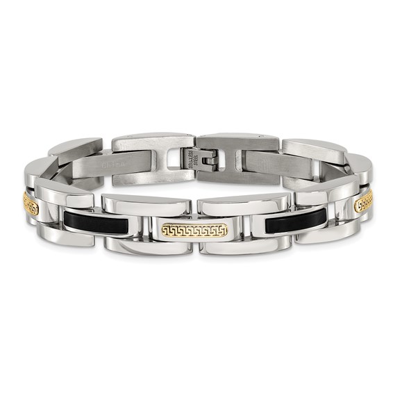Chisel Stainless Steel Polished with 14K Gold Accent and Onyx 8.25 inch Link Bracelet