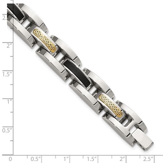 Chisel Stainless Steel Polished with 14K Gold Accent and Onyx 8.25 inch Link Bracelet