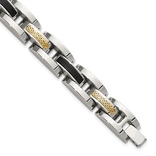 Chisel Stainless Steel Polished with 14K Gold Accent and Onyx 8.25 inch Link Bracelet
