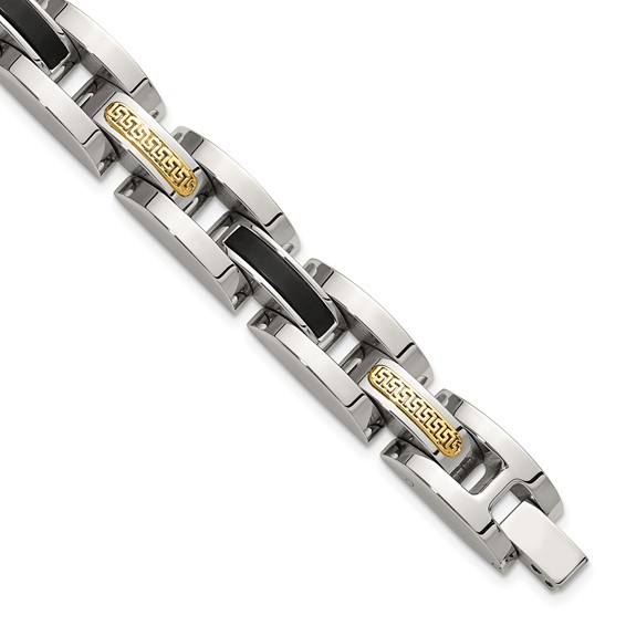 Chisel Stainless Steel Polished with 14K Gold Accent and Onyx 8.25 inch Link Bracelet
