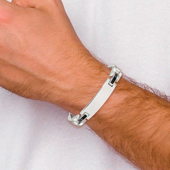 Chisel Stainless Steel Polished with 14K White Gold Accent and .02ct Diamond and Onyx 8.75 inch Bracelet