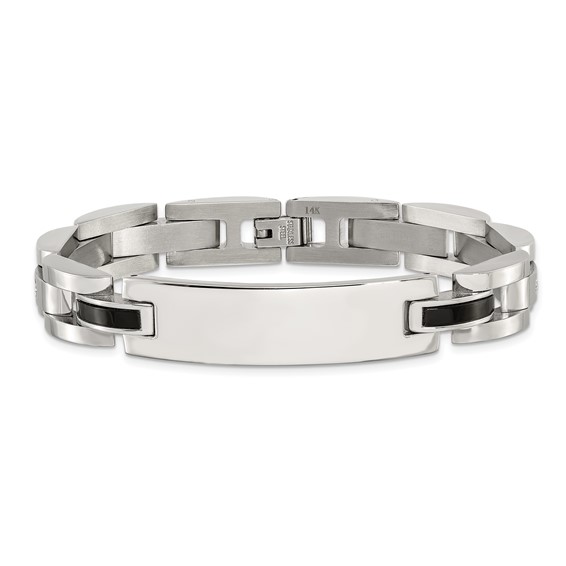 Chisel Stainless Steel Polished with 14K White Gold Accent and .02ct Diamond and Onyx 8.75 inch Bracelet