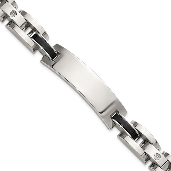 Chisel Stainless Steel Polished with 14K White Gold Accent and .02ct Diamond and Onyx 8.75 inch Bracelet