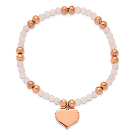 Chisel Stainless Steel Polished Rose IP-plated Heart Dangle 6mm Pink Quartz Beaded 7.75 inch Stretch Bracelet