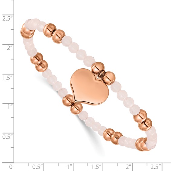 Chisel Stainless Steel Polished Rose IP-plated Heart Dangle 6mm Pink Quartz Beaded 7.75 inch Stretch Bracelet