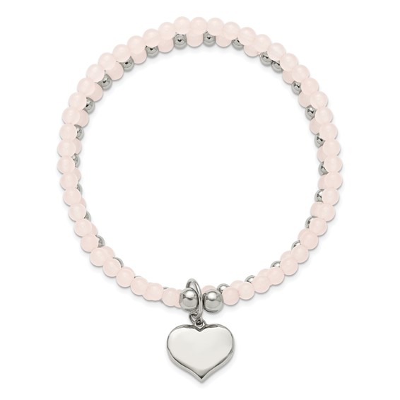 Chisel Stainless Steel Polished Heart 3-4mm Pink Quartz Two Strand 7.75 inch Stretch Bracelet