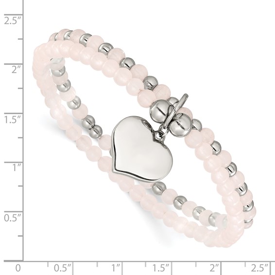 Chisel Stainless Steel Polished Heart 3-4mm Pink Quartz Two Strand 7.75 inch Stretch Bracelet