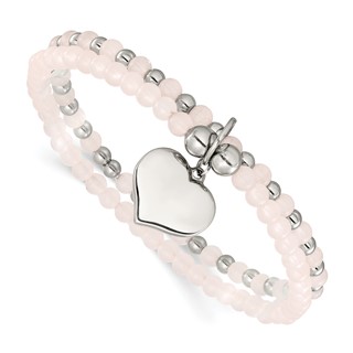 Chisel Stainless Steel Polished Heart 3-4mm Pink Quartz Two Strand 7.75 inch Stretch Bracelet