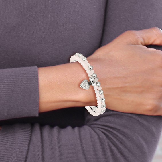 Chisel Stainless Steel Polished Puffed Heart 4-6mm Pink Quartz Two Strand 7.75 inch Stretch Bracelet