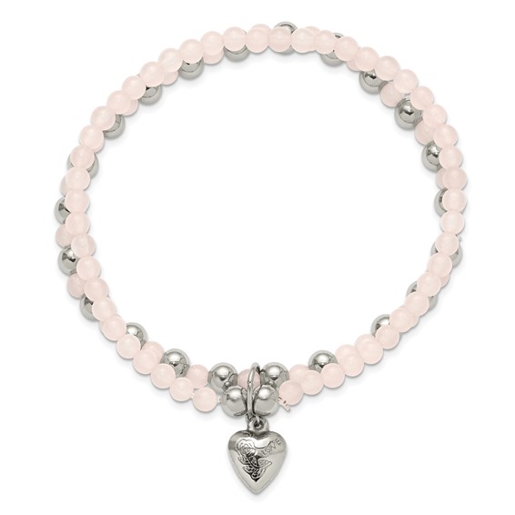 Chisel Stainless Steel Polished Puffed Heart 4-6mm Pink Quartz Two Strand 7.75 inch Stretch Bracelet