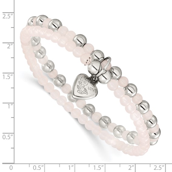 Chisel Stainless Steel Polished Puffed Heart 4-6mm Pink Quartz Two Strand 7.75 inch Stretch Bracelet