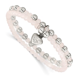 Chisel Stainless Steel Polished Puffed Heart 4-6mm Pink Quartz Two Strand 7.75 inch Stretch Bracelet