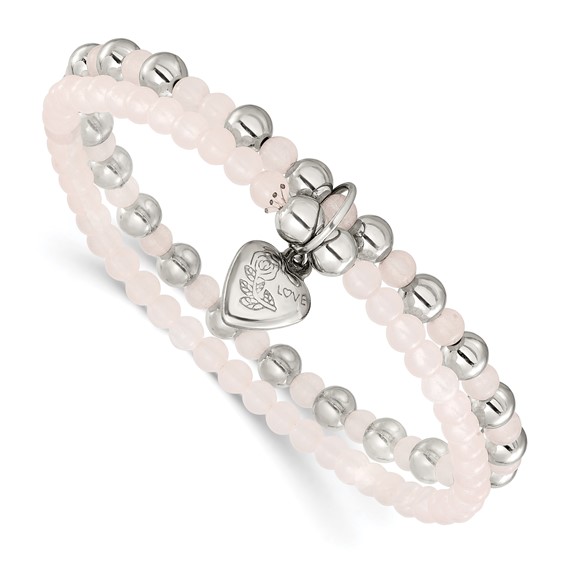 Chisel Stainless Steel Polished Puffed Heart 4-6mm Pink Quartz Two Strand 7.75 inch Stretch Bracelet