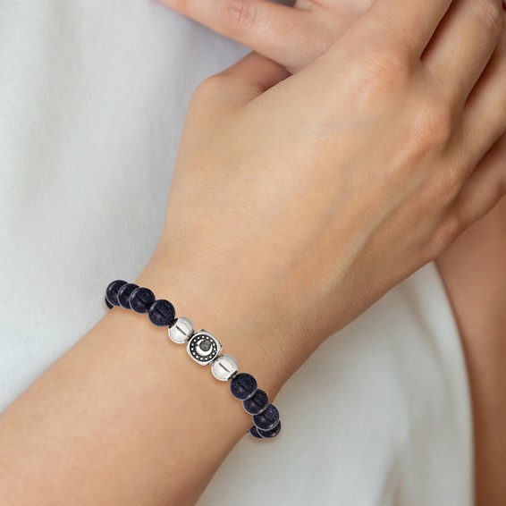 Chisel Stainless Steel Antiqued and Polished 10mm Blue Quartz Beaded Moon 7.5 inch Stretch Bracelet