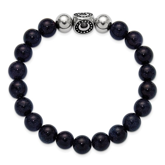 Chisel Stainless Steel Antiqued and Polished 10mm Blue Quartz Beaded Moon 7.5 inch Stretch Bracelet