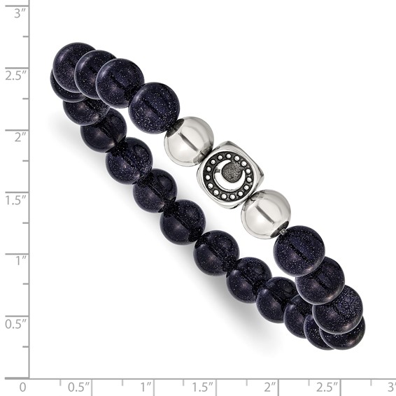 Chisel Stainless Steel Antiqued and Polished 10mm Blue Quartz Beaded Moon 7.5 inch Stretch Bracelet