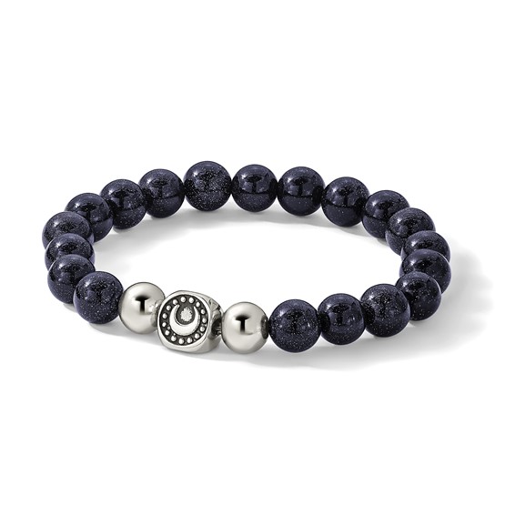 Chisel Stainless Steel Antiqued and Polished 10mm Blue Quartz Beaded Moon 7.5 inch Stretch Bracelet