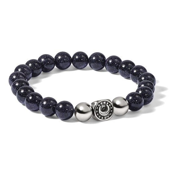 Chisel Stainless Steel Antiqued and Polished 10mm Blue Quartz Beaded Moon 7.5 inch Stretch Bracelet