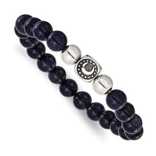 Chisel Stainless Steel Antiqued and Polished 10mm Blue Quartz Beaded Moon 7.5 inch Stretch Bracelet