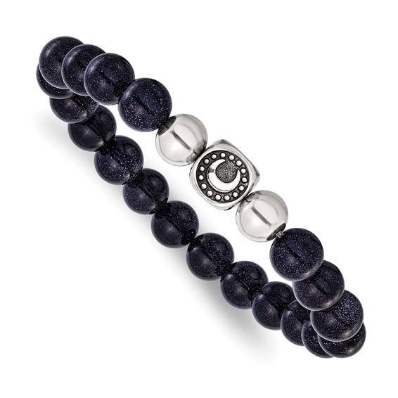 Chisel Stainless Steel Antiqued and Polished 10mm Blue Quartz Beaded Moon 7.5 inch Stretch Bracelet