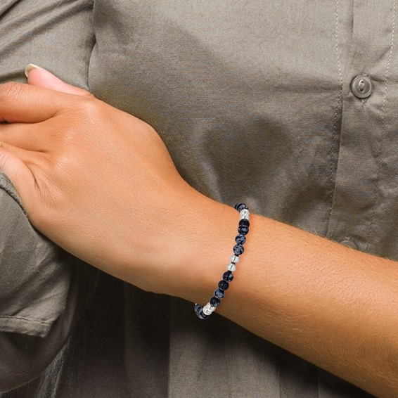 Chisel Stainless Steel Polished 6.5mm Black and Grey Synthetic Agate 7.75 inch Stretch Bracelet