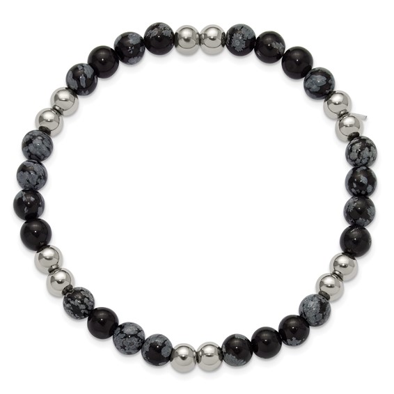 Chisel Stainless Steel Polished 6.5mm Black and Grey Synthetic Agate 7.75 inch Stretch Bracelet