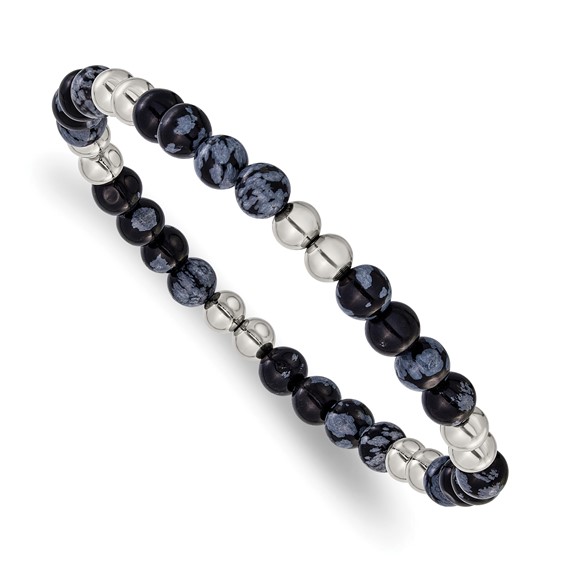 Chisel Stainless Steel Polished 6.5mm Black and Grey Synthetic Agate 7.75 inch Stretch Bracelet