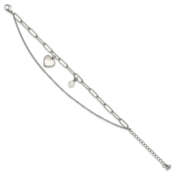 Stainless Steel MOP Heart and Pearl Bracelet