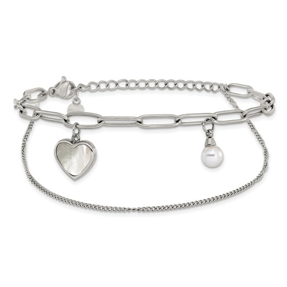 Stainless Steel MOP Heart and Pearl Bracelet