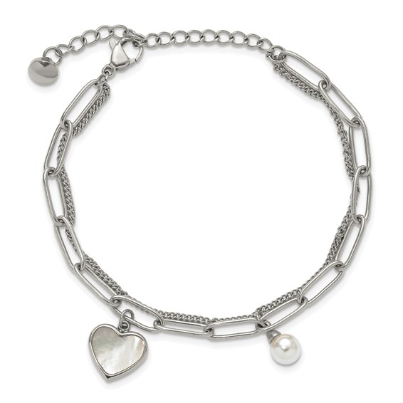 Stainless Steel MOP Heart and Pearl Bracelet
