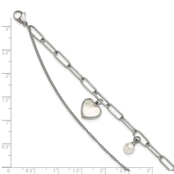 Stainless Steel MOP Heart and Pearl Bracelet