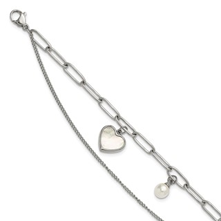 Stainless Steel MOP Heart and Pearl Bracelet
