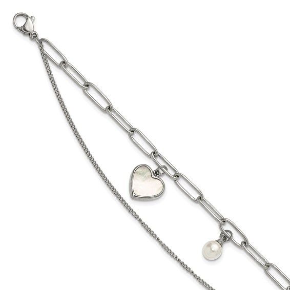 Stainless Steel MOP Heart and Pearl Bracelet