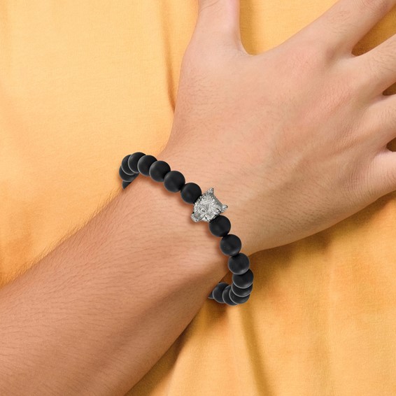 Chisel Stainless Steel Polished Wolf Head Matte 8mm Black Agate Beaded 6.75 inch Stretch Bracelet
