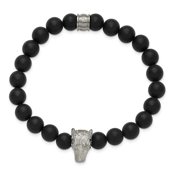 Chisel Stainless Steel Polished Wolf Head Matte 8mm Black Agate Beaded 6.75 inch Stretch Bracelet