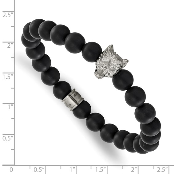 Chisel Stainless Steel Polished Wolf Head Matte 8mm Black Agate Beaded 6.75 inch Stretch Bracelet