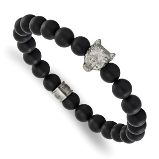 Chisel Stainless Steel Polished Wolf Head Matte 8mm Black Agate Beaded 6.75 inch Stretch Bracelet