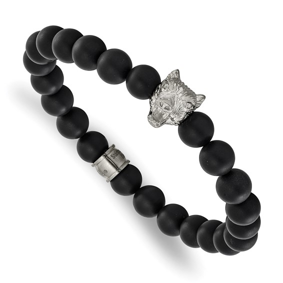 Chisel Stainless Steel Polished Wolf Head Matte 8mm Black Agate Beaded 6.75 inch Stretch Bracelet